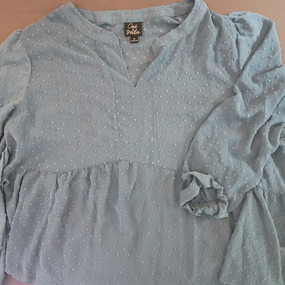 Blue Smocked Ruffled Long Sleeve Blouse with Mandarin Collar